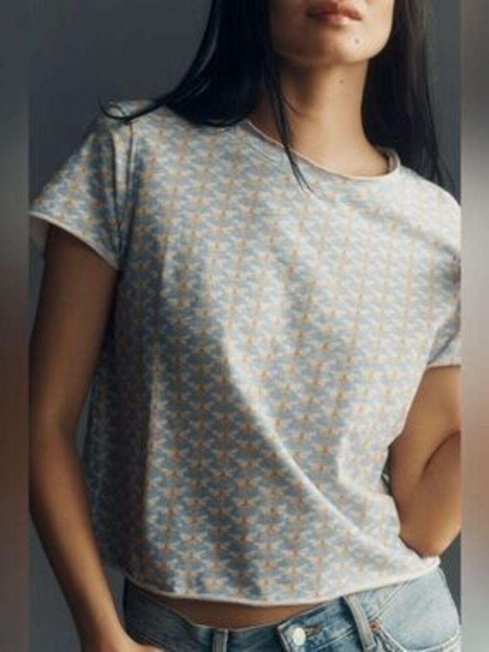 Anthropologie Maeve Bee Print Short Sleeve Tee Blue Raw Edge L NEW